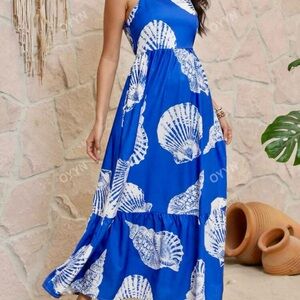 SHEIN Blue and White One Shoulder Maxi Sundress